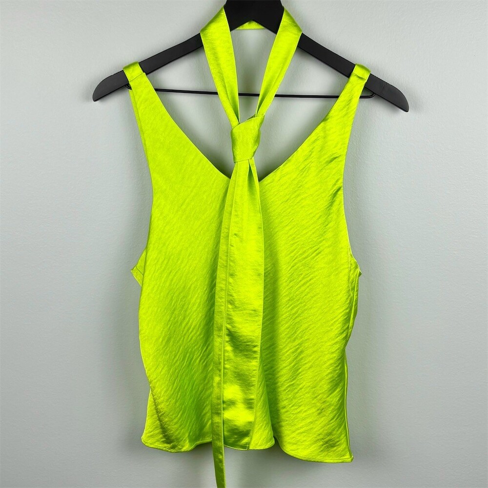 WILDFANG Cami Tank Top Womens Neon Lime Green V-Neck With Sash Tie